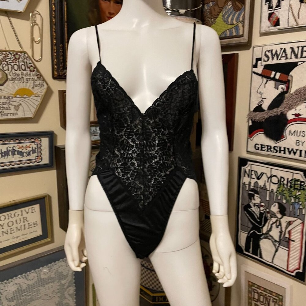 80s Vintage Black Lace High Cut Bodysuit Teddy Lingerie Size L